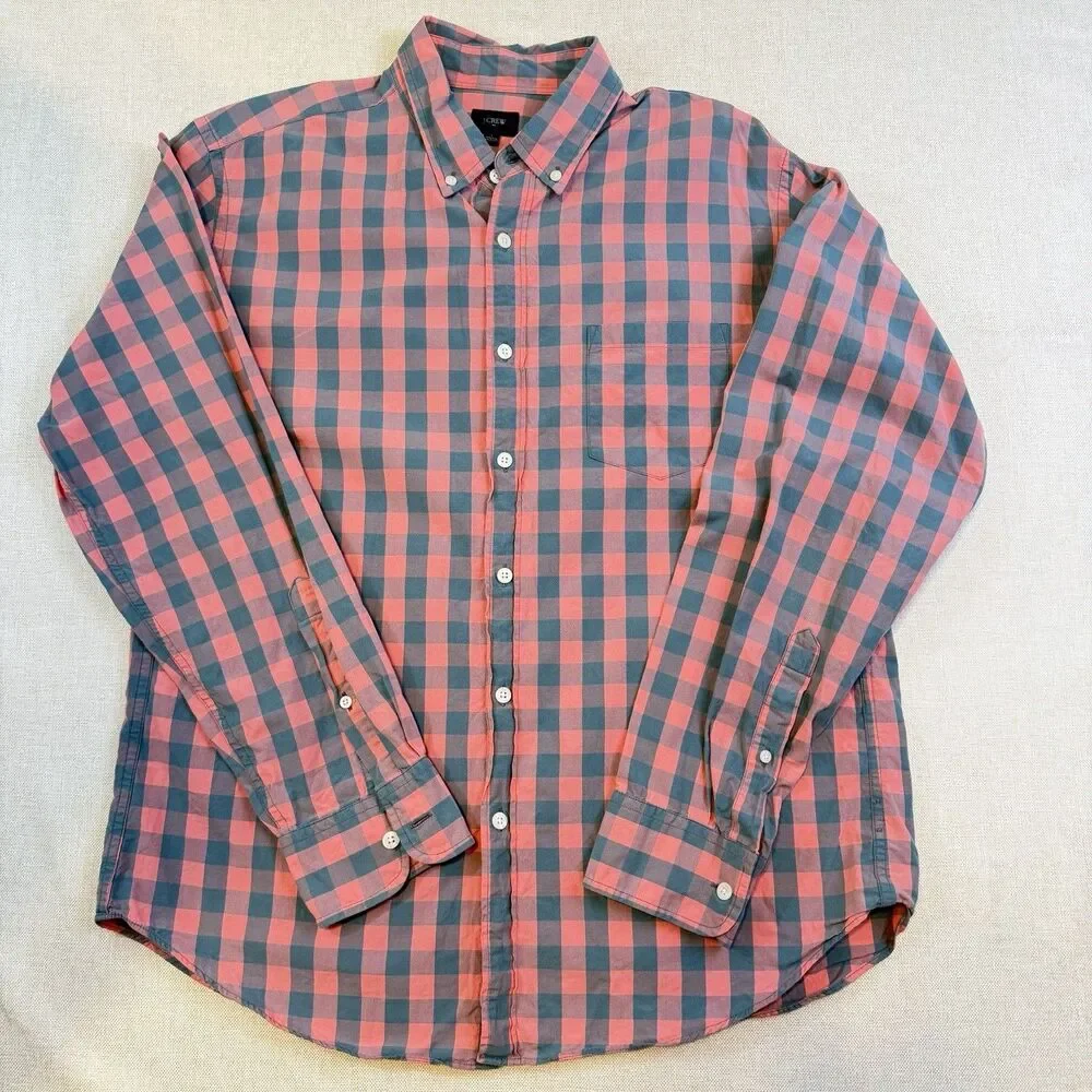 J.Crew Mens Large Pink Blue Gingham Check Button Down Shirt Long Sleeve Cotton
